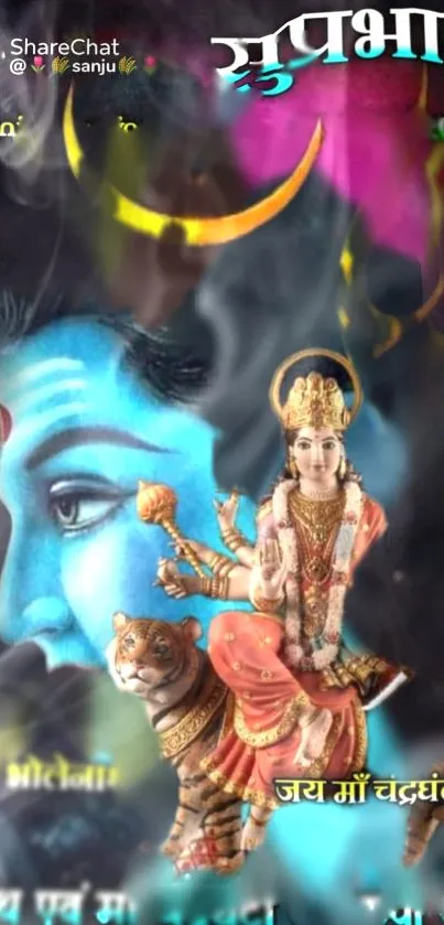 Divine blue morning wallpaper with spiritual deities and serene details.