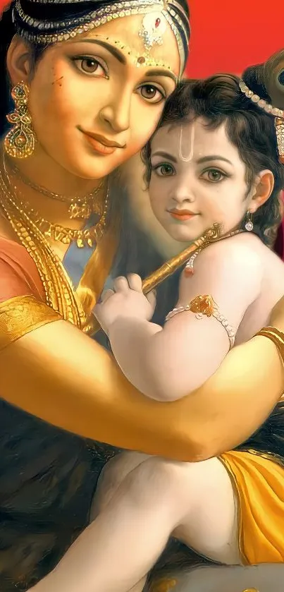 Artwork of a divine mother embracing her child with a vibrant orange background.