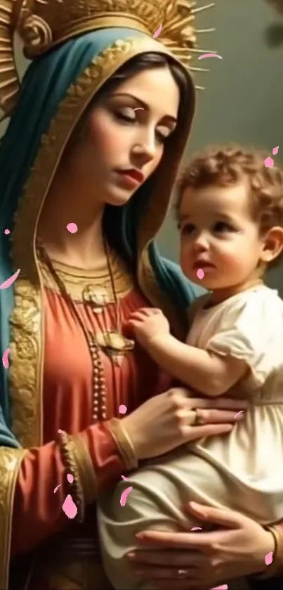 Artwork of mother holding child with divine aura and gentle colors.