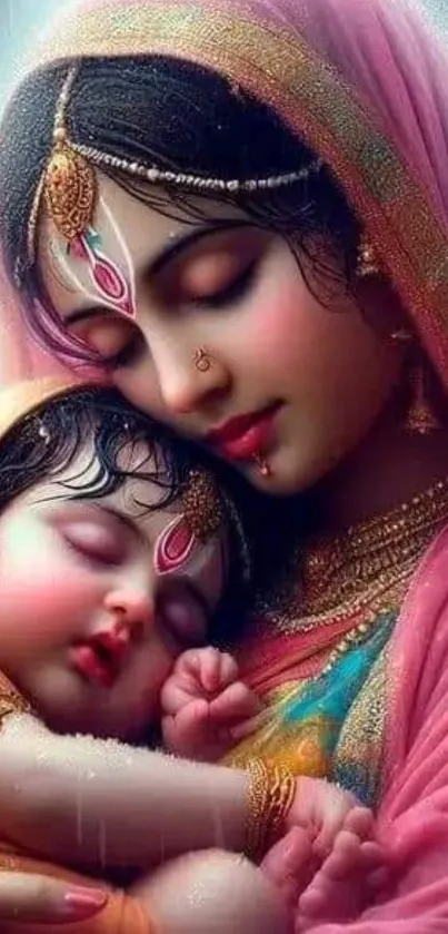 Divine mother holding child in vibrant artwork.