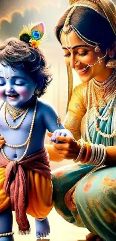 Divine mother and child in colorful attire.