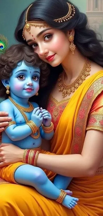 Divine mother and child with vibrant colors and traditional attire.