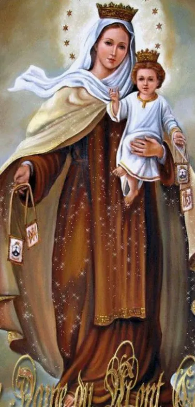 Mary and Jesus in a divine painting wallpaper with warm tones.