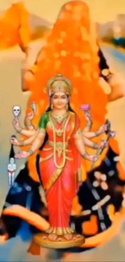 Vibrant multi-armed goddess in orange hues.