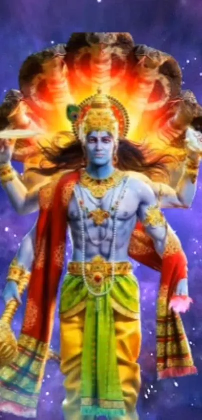 Divine deity in vibrant cosmic art with multicolored robes and celestial background.