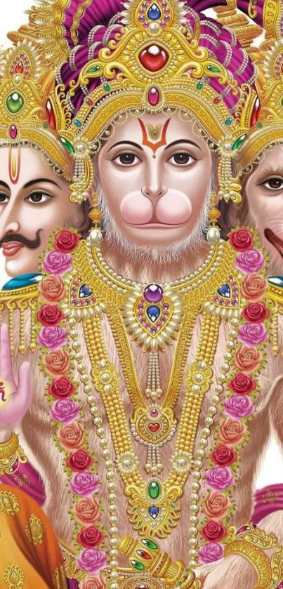 Illustration of multifaced Lord Hanuman with intricate golden ornaments.