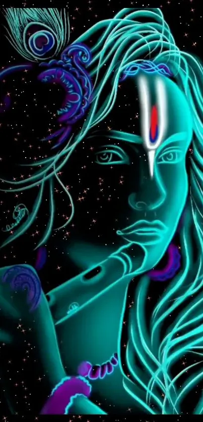 Mystical neon art of a divine figure with a teal and black cosmic background.