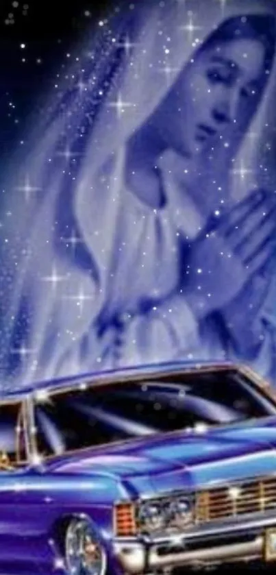 Praying figure and car under starry night sky wallpaper.