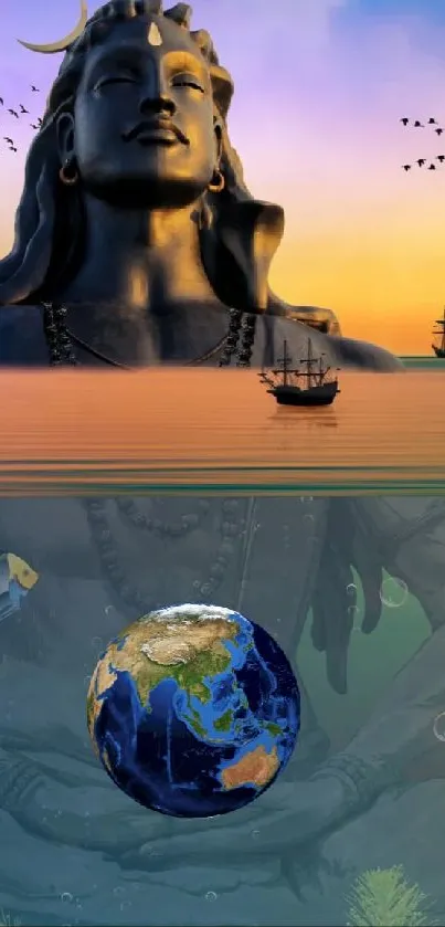 Shiva meditating above ocean with sailing ships and Earth underwater.