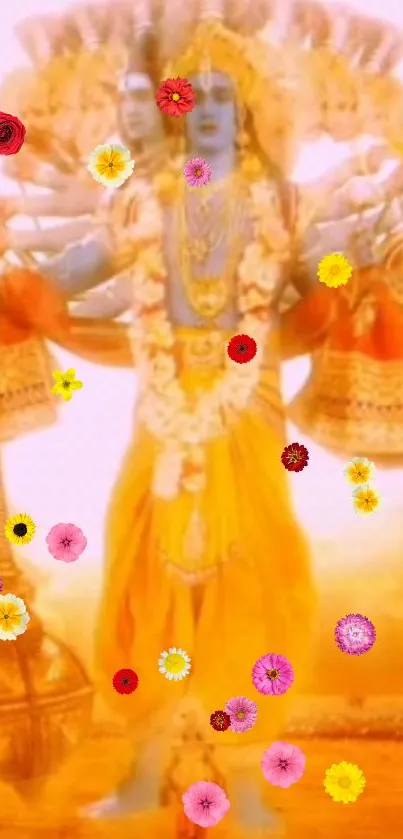 Mobile wallpaper of a divine deity with orange and floral highlights.