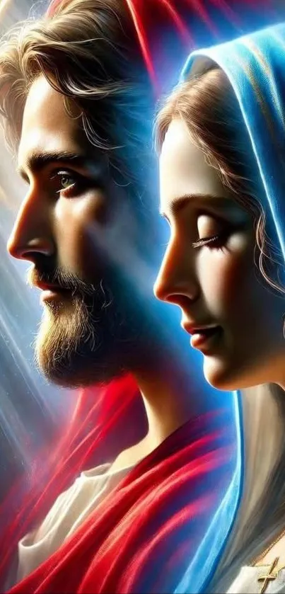 Colorful artistic depiction of religious figures on mobile wallpaper.