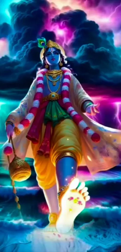 Vibrant divine figure with colorful skies.