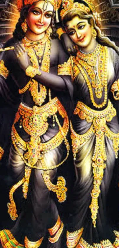 Radha and Krishna in vibrant golden attire, embracing divine love.