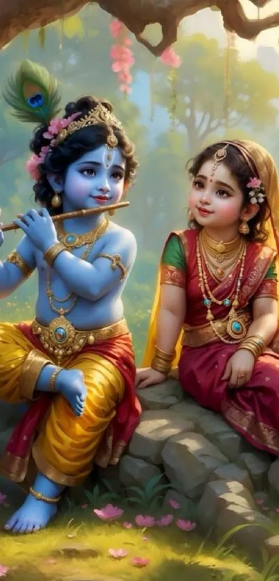 Radha and Krishna in a serene, artistic setting with vibrant colors.