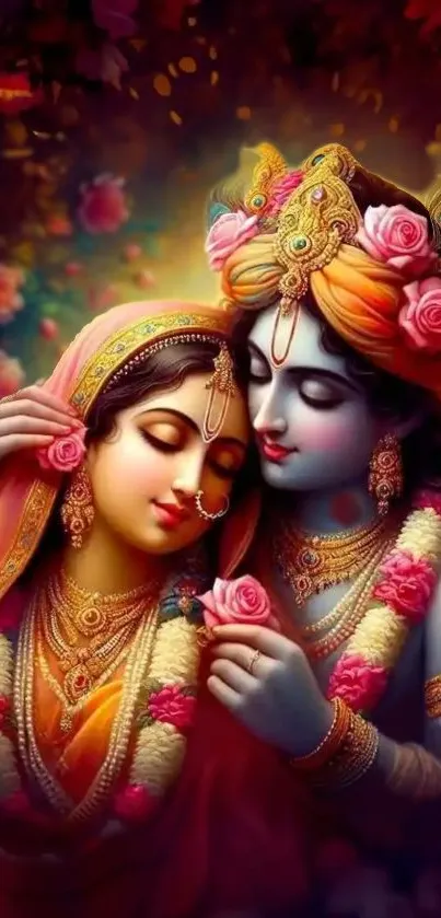 Colorful Radha Krishna wallpaper with flowers and traditional attire.