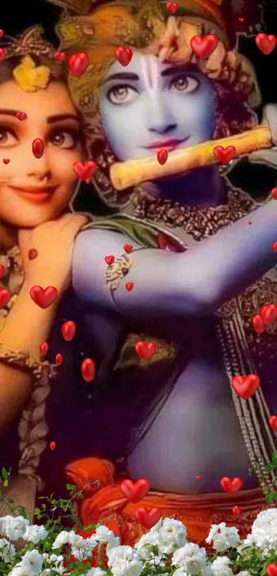 Radha Krishna artwork with red hearts and white flowers.