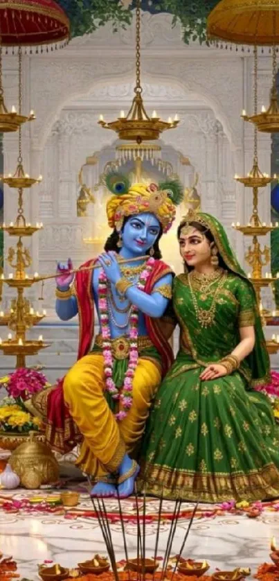 Beautiful Radha Krishna artwork with floral decor.