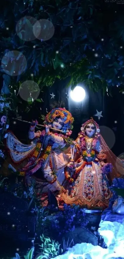 Radha Krishna under moonlit sky art.