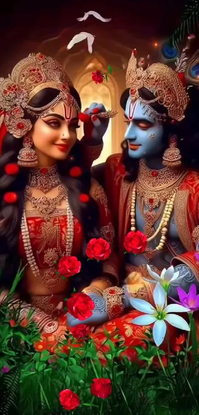 Vibrant Radha Krishna artwork with floral accents.