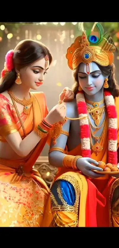 Radha Krishna elegant and colorful mobile wallpaper.