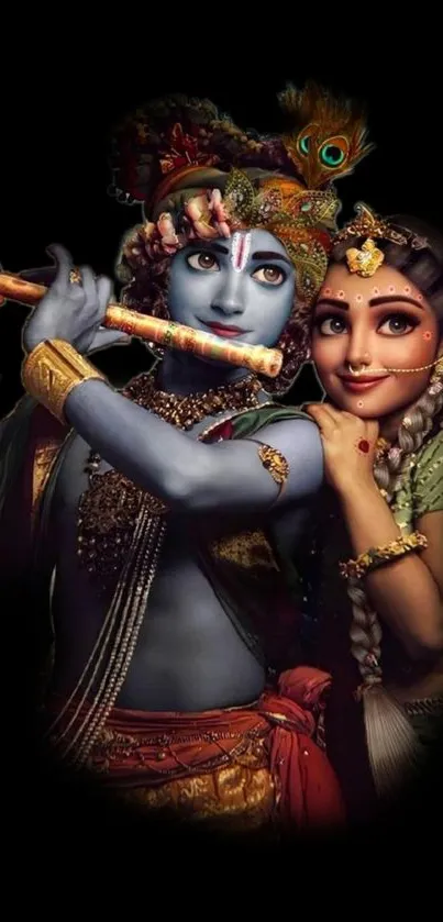 Radha Krishna playing flute in artistic mobile wallpaper.