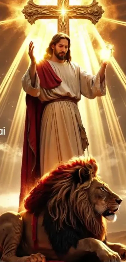 Radiant figure with lion and glowing cross.