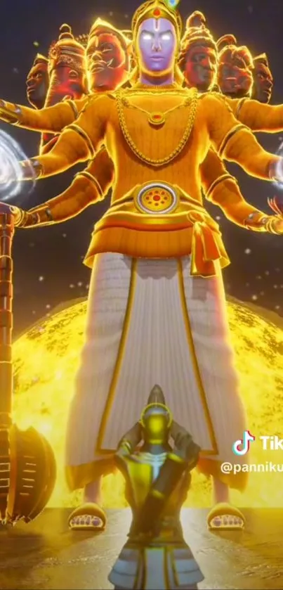 Multi-armed deity against a golden glow in a celestial-themed wallpaper.