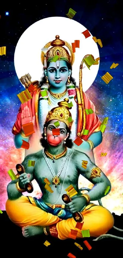 Vibrant artwork of Rama and Hanuman with cosmic background for mobile wallpaper.