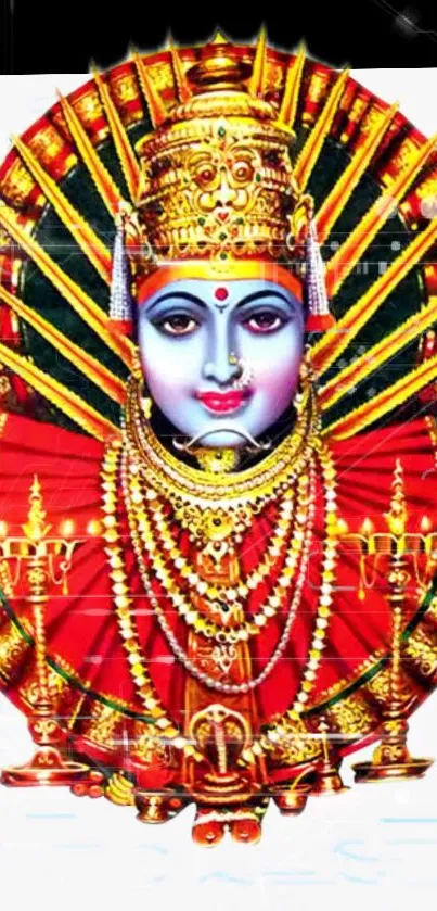 Vibrant Hindu deity with golden details on a red background.