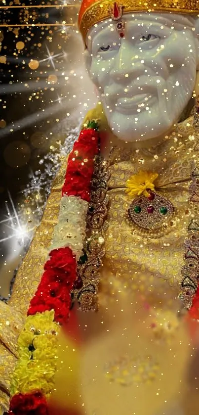 Divine Sai Baba statue with golden aura and vibrant garlands.