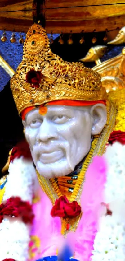 Sai Baba adorned with a golden crown, vibrant and divine.