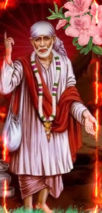 Sai Baba standing with a serene aura and vibrant flowers.