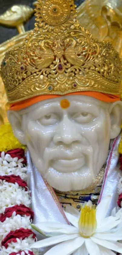 Sai Baba statue with gold crown and flower garlands.