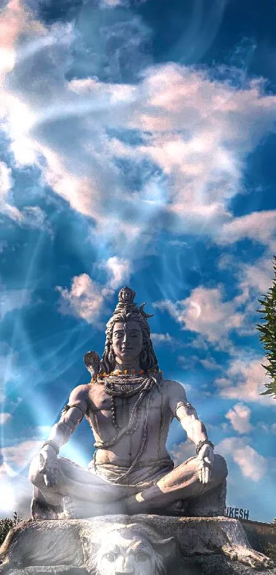 Divine sculpture under vibrant blue sky.