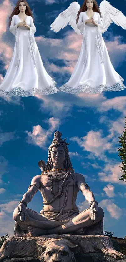 Meditative statue beneath angels with a sky backdrop for phone screens.