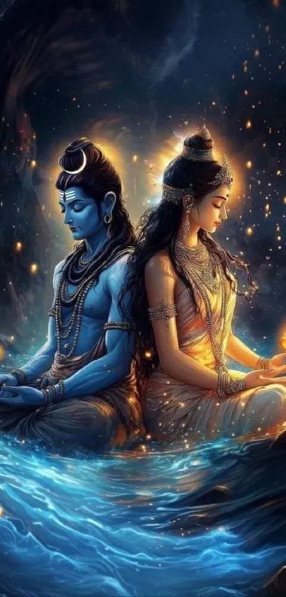 Divine figures in meditation with blue hues.