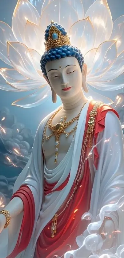 Serene Buddhist figure with lotus and clouds, radiating tranquility and divinity.