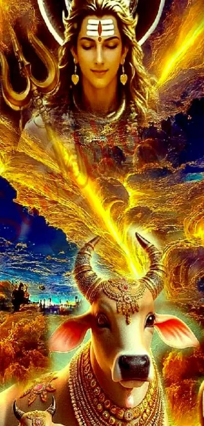 Divine figure with a sacred cow in vibrant landscape.