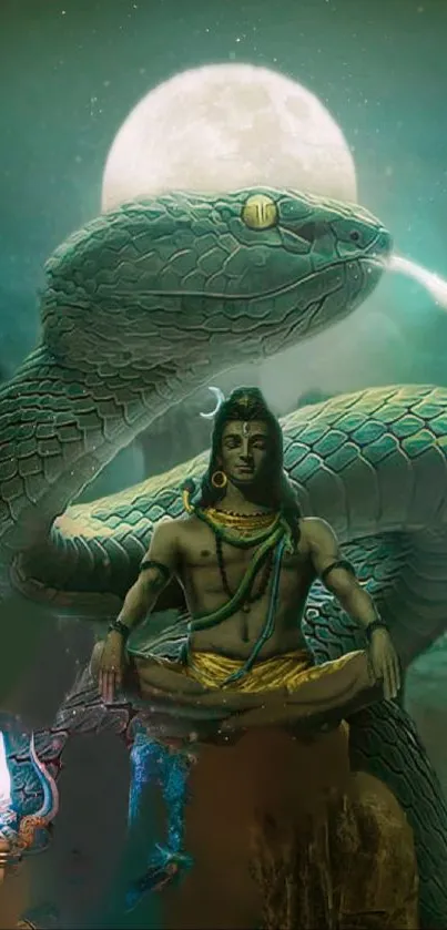 Meditating sage beneath a mystical serpent with a moonlit backdrop.