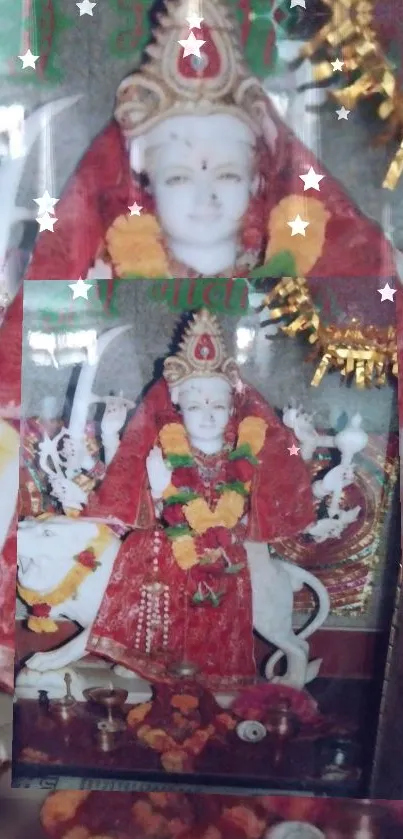 Divine image of Shakti in vibrant red attire with flowers and symbols.