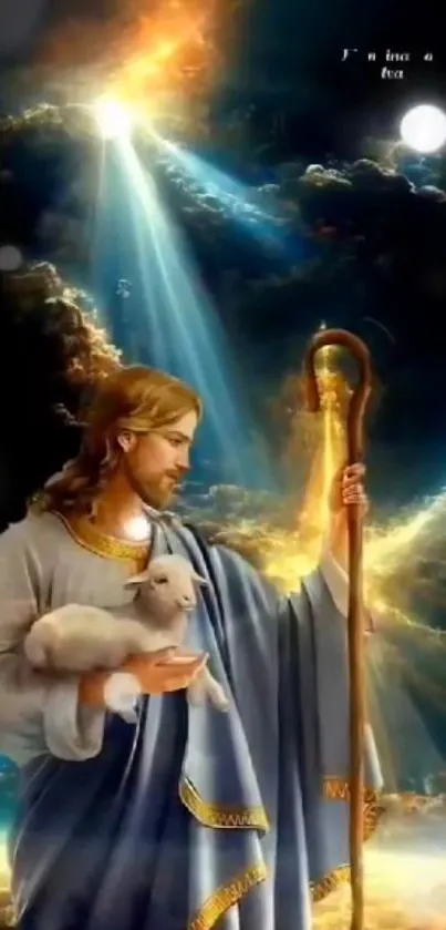 Divine shepherd holding a lamb, surrounded by celestial light in a cosmic setting.