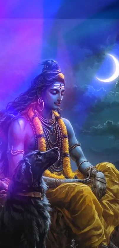 Lord Shiva with dog under crescent moon, purple hues.