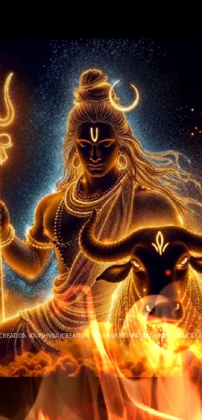 Illuminated image of Shiva with Nandi and glowing effects.