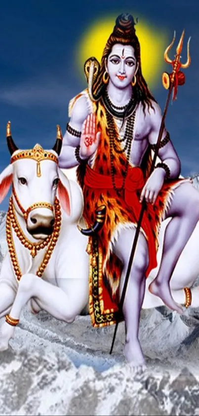 Divine image of Shiva and Nandi on a mountain background.