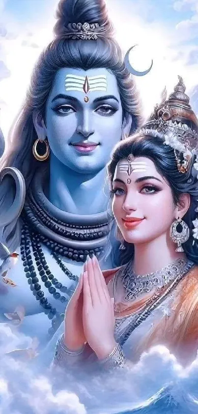 Shiva and Parvati in heavenly art against a sky blue background.