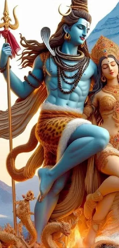 Vibrant depiction of Lord Shiva and Parvati, showcasing spiritual artistry.