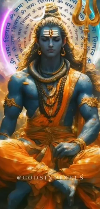 Vibrant Lord Shiva art wallpaper with orange and blue colors for mobile.