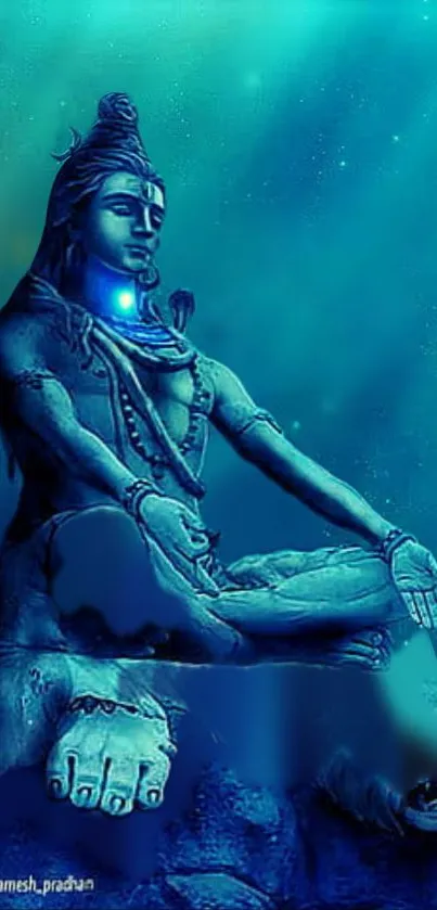 A serene wallpaper of Lord Shiva meditating amid a blue celestial backdrop.