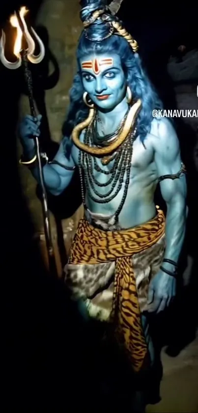 Artistic depiction of Lord Shiva holding a trident, in vibrant blue tones.