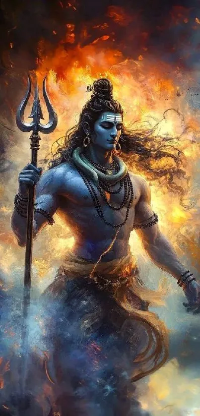 Vibrant depiction of Lord Shiva surrounded by flames in artistic style.